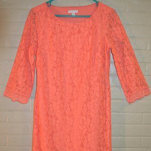Size 6 London Times 3/4 Sleeve Length Coral Lace Midi Dress